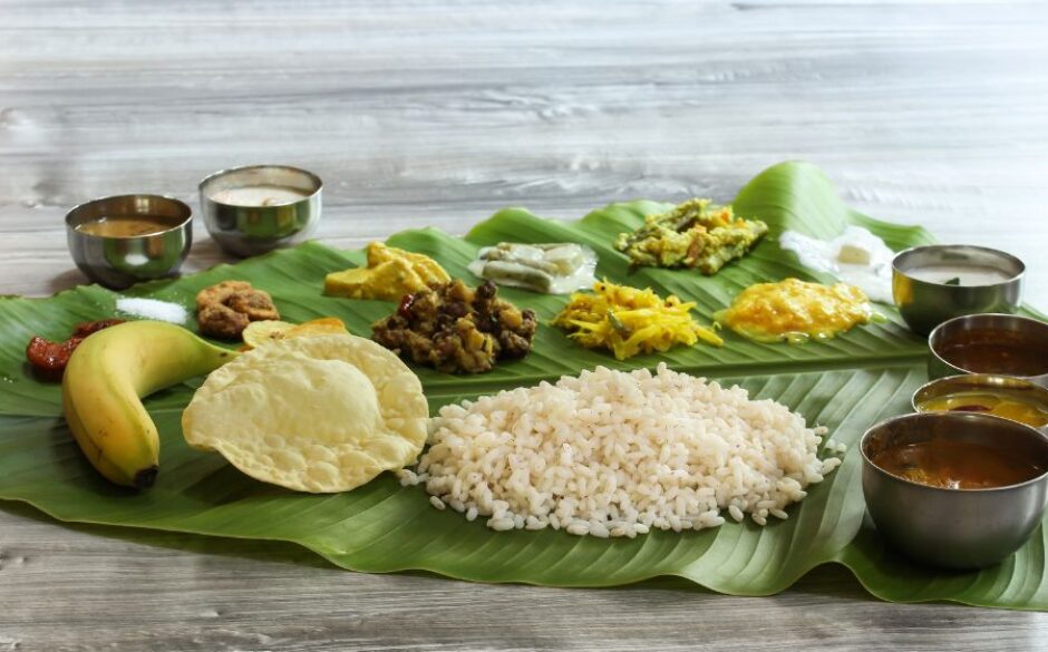 A grand feast served on a banana leaf during Onam Festival