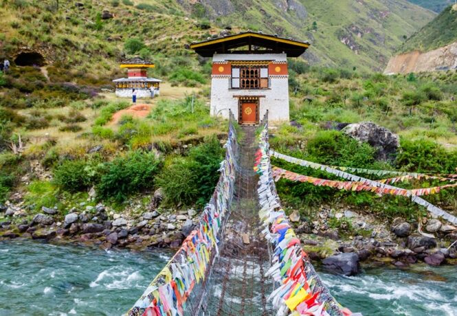 Top Destinations By Month in India and the Indian Subcontinent - Iron Chain Bridge of Tamchog Lhakhang Monastery, Paro River, Bhutan 1400